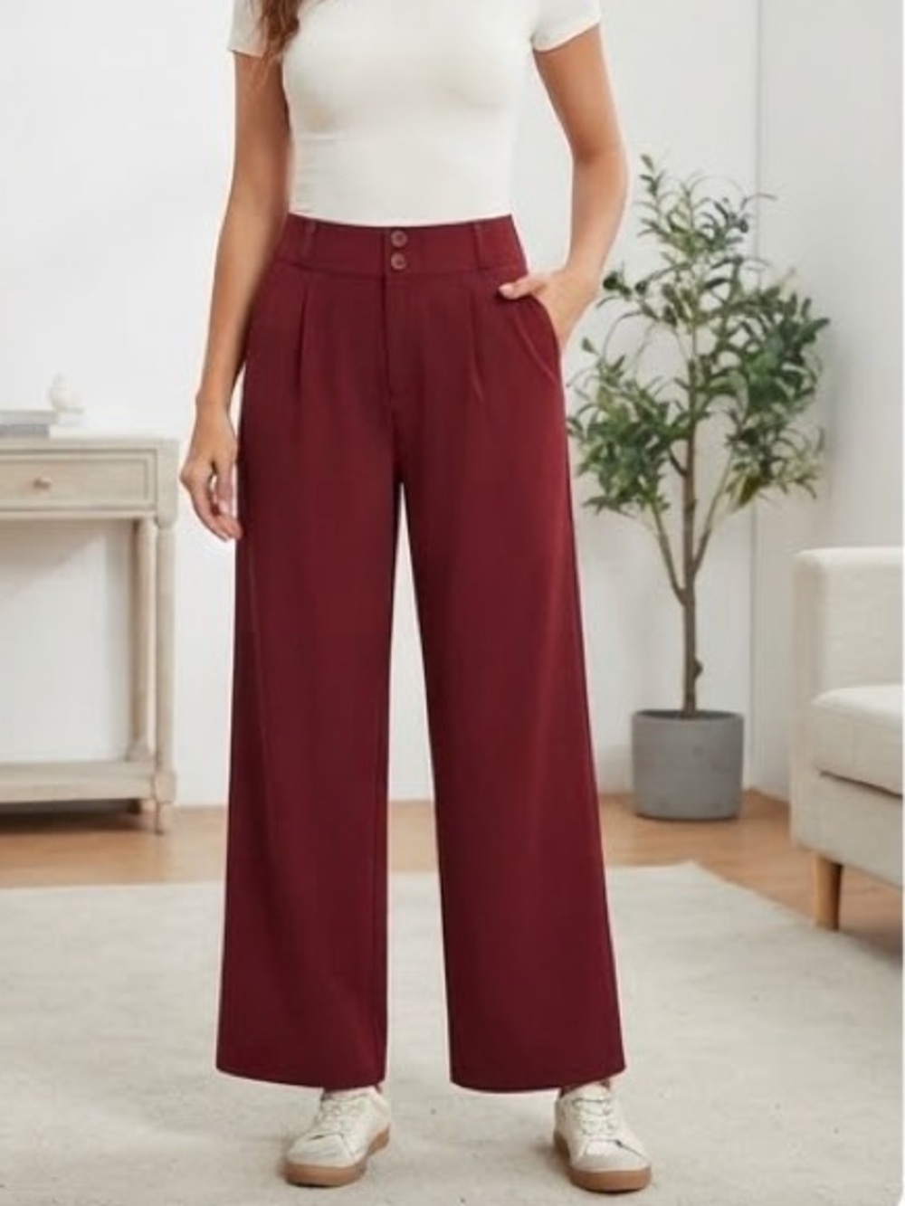 HALARA Wine Red Wide-Leg Pleated Pants